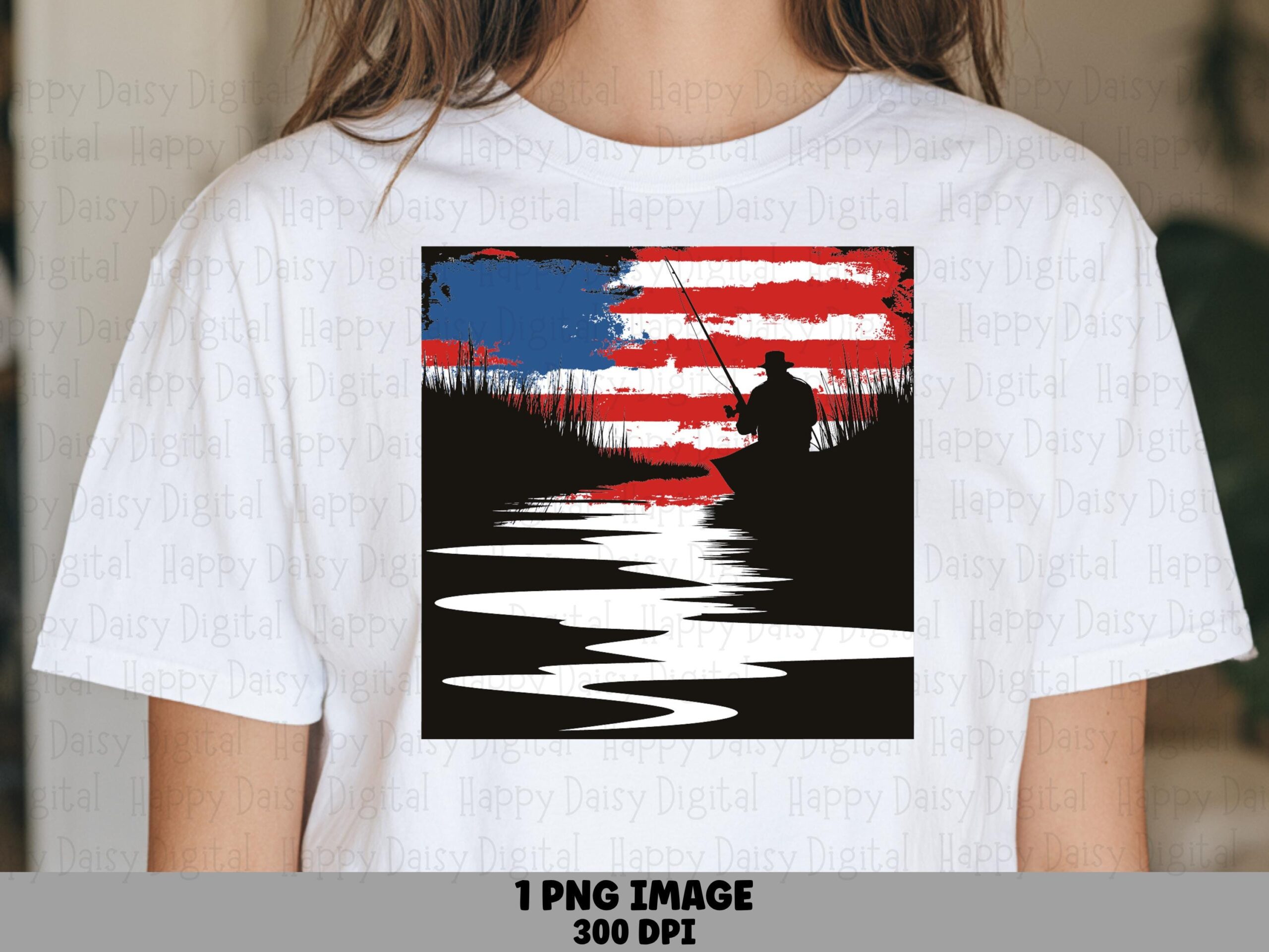 Sublimation PNG, Americana Angler Art | Distressed Flag Fishing Silhouette, Red-White-Blue Swirl - Commercial Use