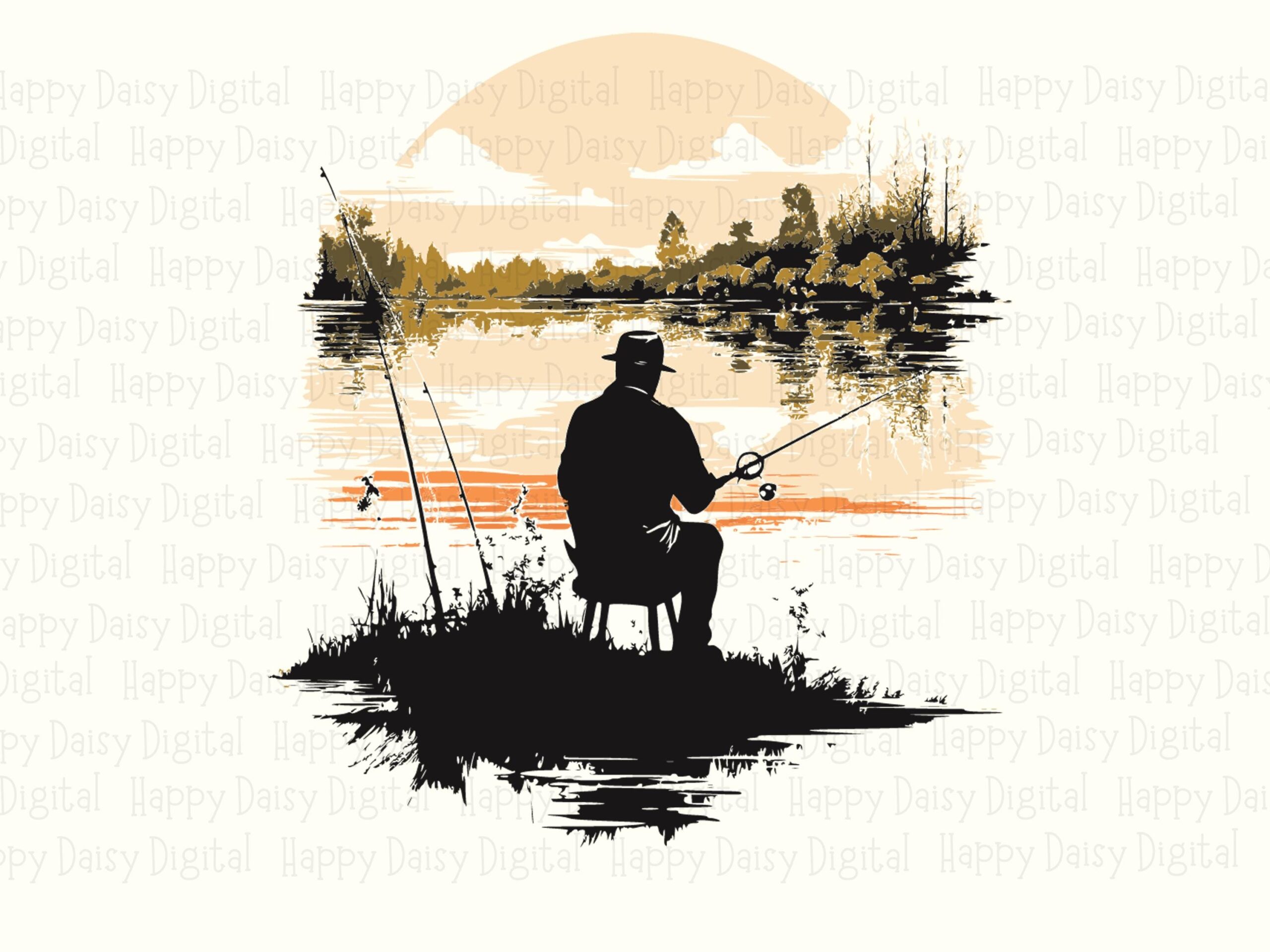 Seated Lake Angler PNG, Sunset Dusk Silhouette, Orange Reflection - Clipart For POD, Commercial Use, 300 DPI - Image 2
