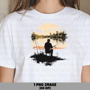 Seated Lake Angler PNG, Sunset Dusk Silhouette, Orange Reflection - Clipart For POD, Commercial Use, 300 DPI