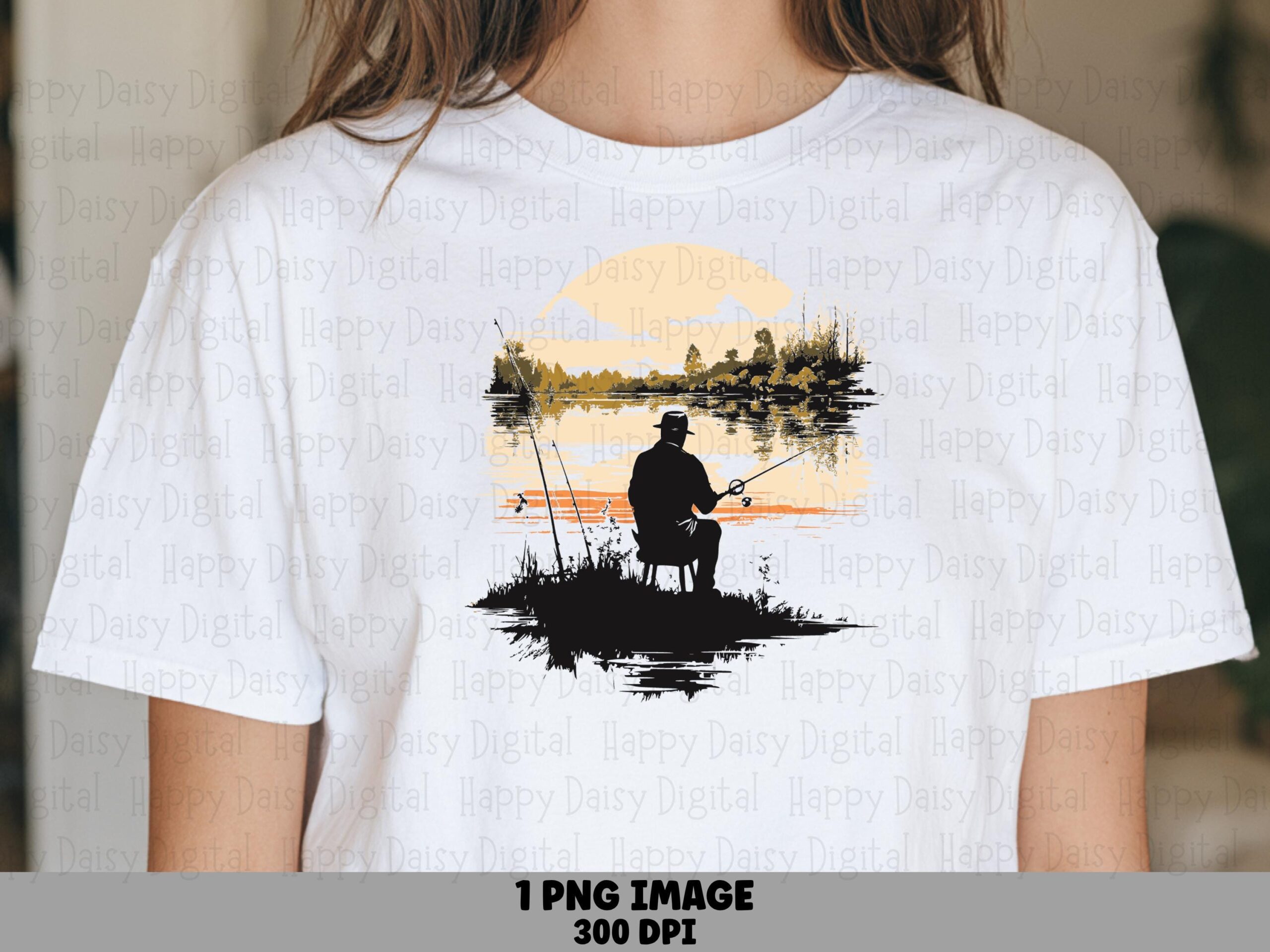 Seated Lake Angler PNG, Sunset Dusk Silhouette, Orange Reflection - Clipart For POD, Commercial Use, 300 DPI