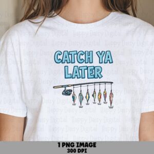 Fishing PNG Design, Blue Outlined Lettering Stringer, Cartoon Rainbow Six Fish On Rod | 300 DPI, Commercial Use, For POD Sellers
