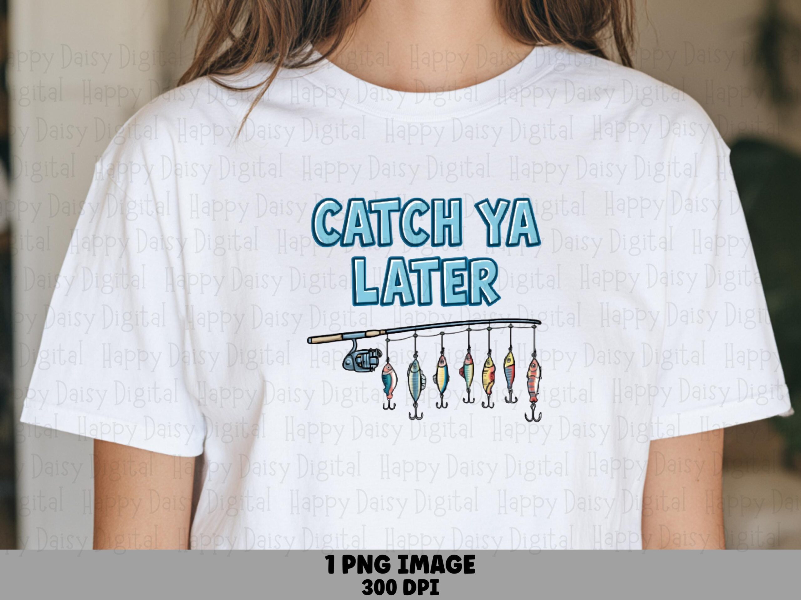 Fishing PNG Design, Blue Outlined Lettering Stringer, Cartoon Rainbow Six Fish On Rod | 300 DPI, Commercial Use, For POD Sellers