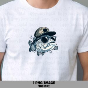 Bass Wearing Shades, Camo Cap Largemouth PNG | Sublimation Commercial Use | 300 DPI, Transparent Background