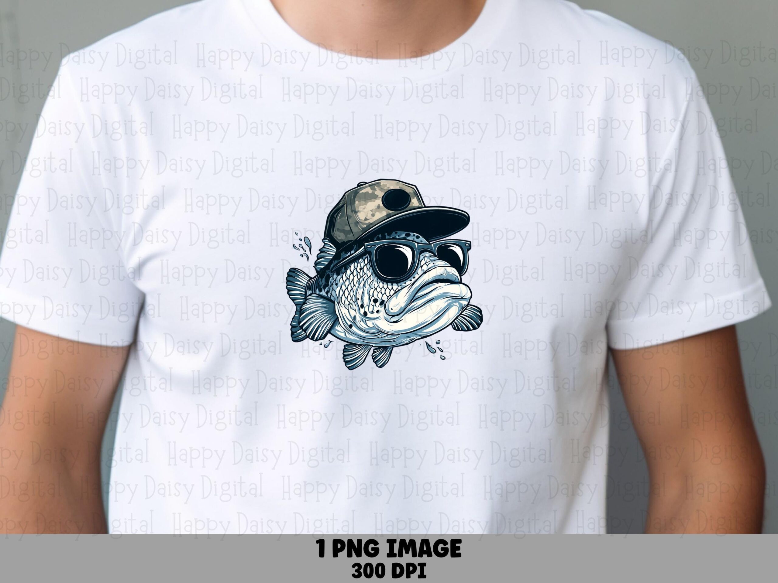 Bass Wearing Shades, Camo Cap Largemouth PNG | Sublimation Commercial Use | 300 DPI, Transparent Background