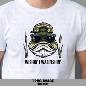 Bearded Bass Mascot PNG, Camo Cap Sunglasses Character, Cattail Reed Accents (300 DPI, Sublimation)