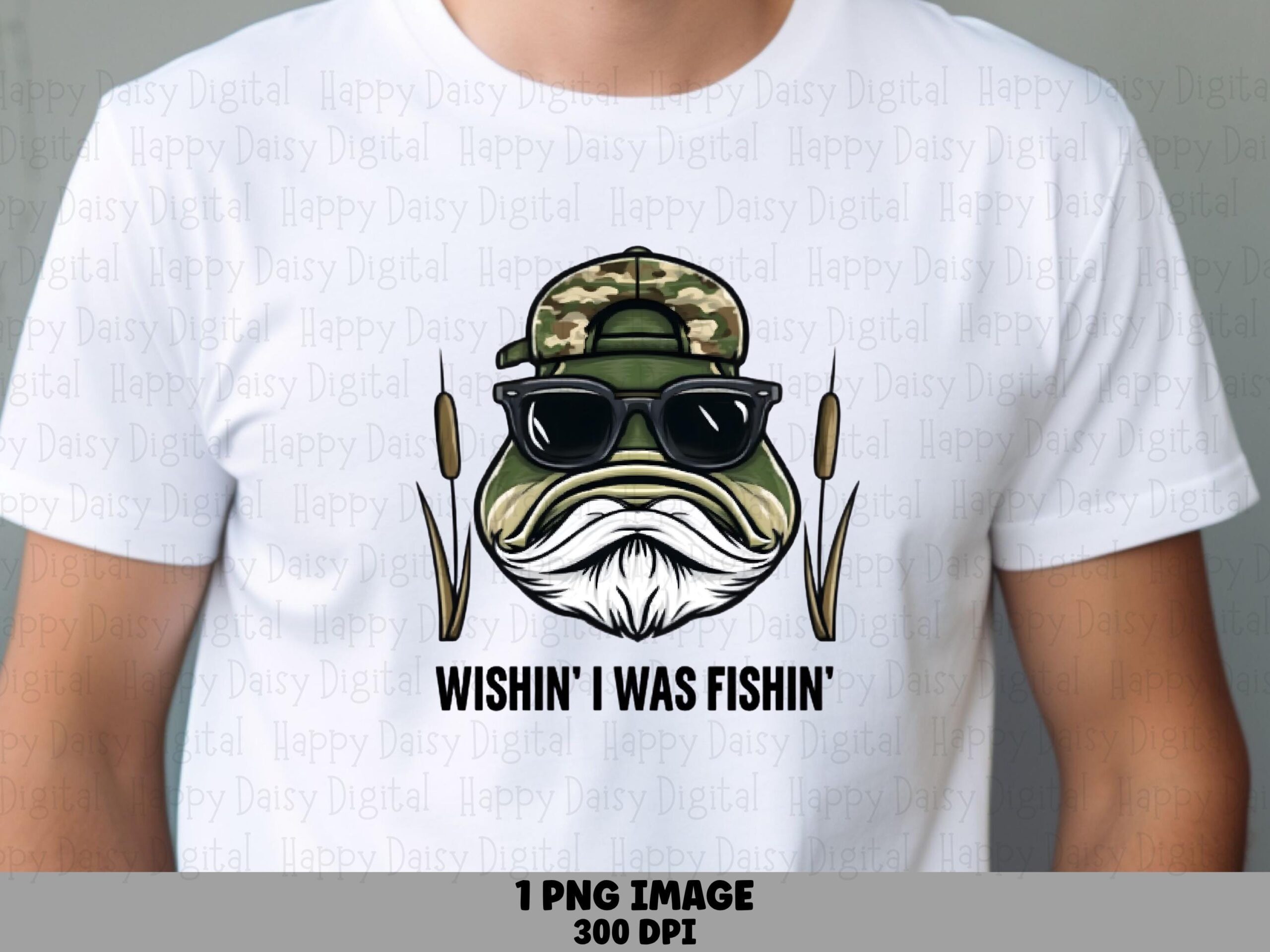 Bearded Bass Mascot PNG, Camo Cap Sunglasses Character, Cattail Reed Accents (300 DPI, Sublimation)
