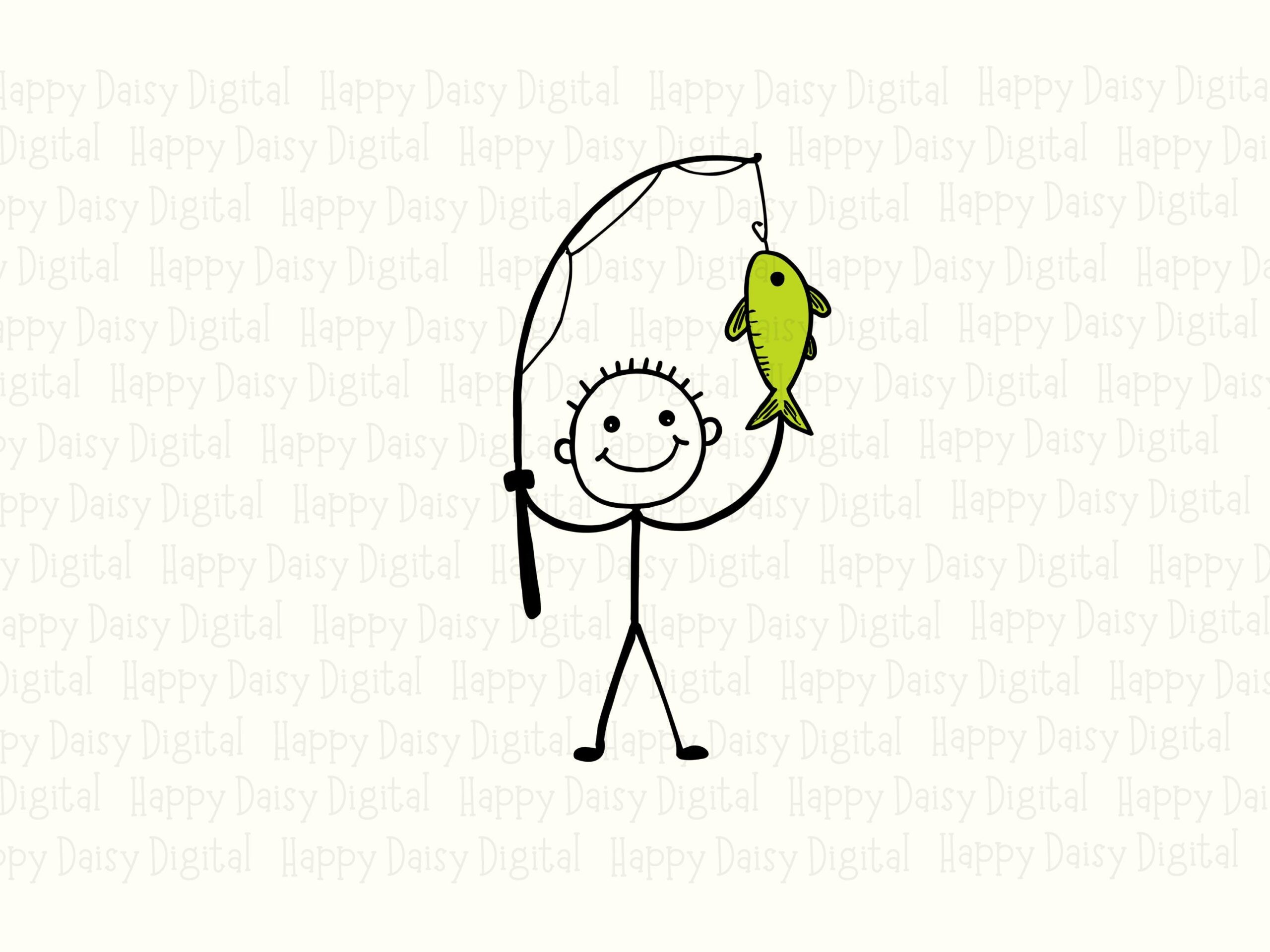 Stick Figure Angler, Smiling Kid Doodle PNG SVG, Green Fish Clipart - Hand Drawn Line Art, 300 DPI - Image 2