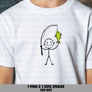 Stick Figure Angler, Smiling Kid Doodle PNG SVG, Green Fish Clipart - Hand Drawn Line Art, 300 DPI