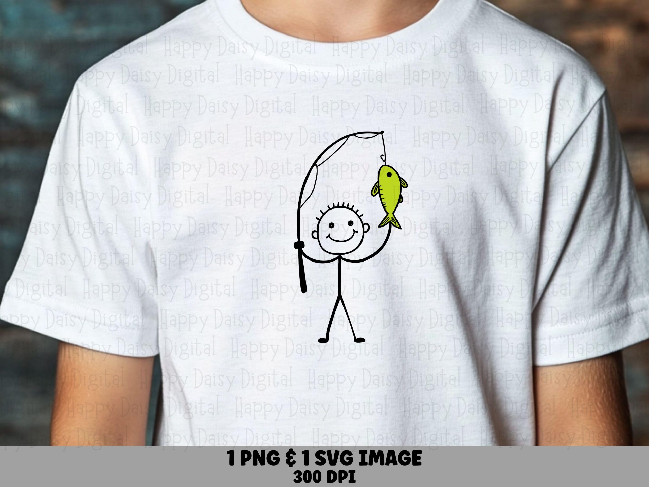 Stick Figure Angler, Smiling Kid Doodle PNG SVG, Green Fish Clipart - Hand Drawn Line Art, 300 DPI
