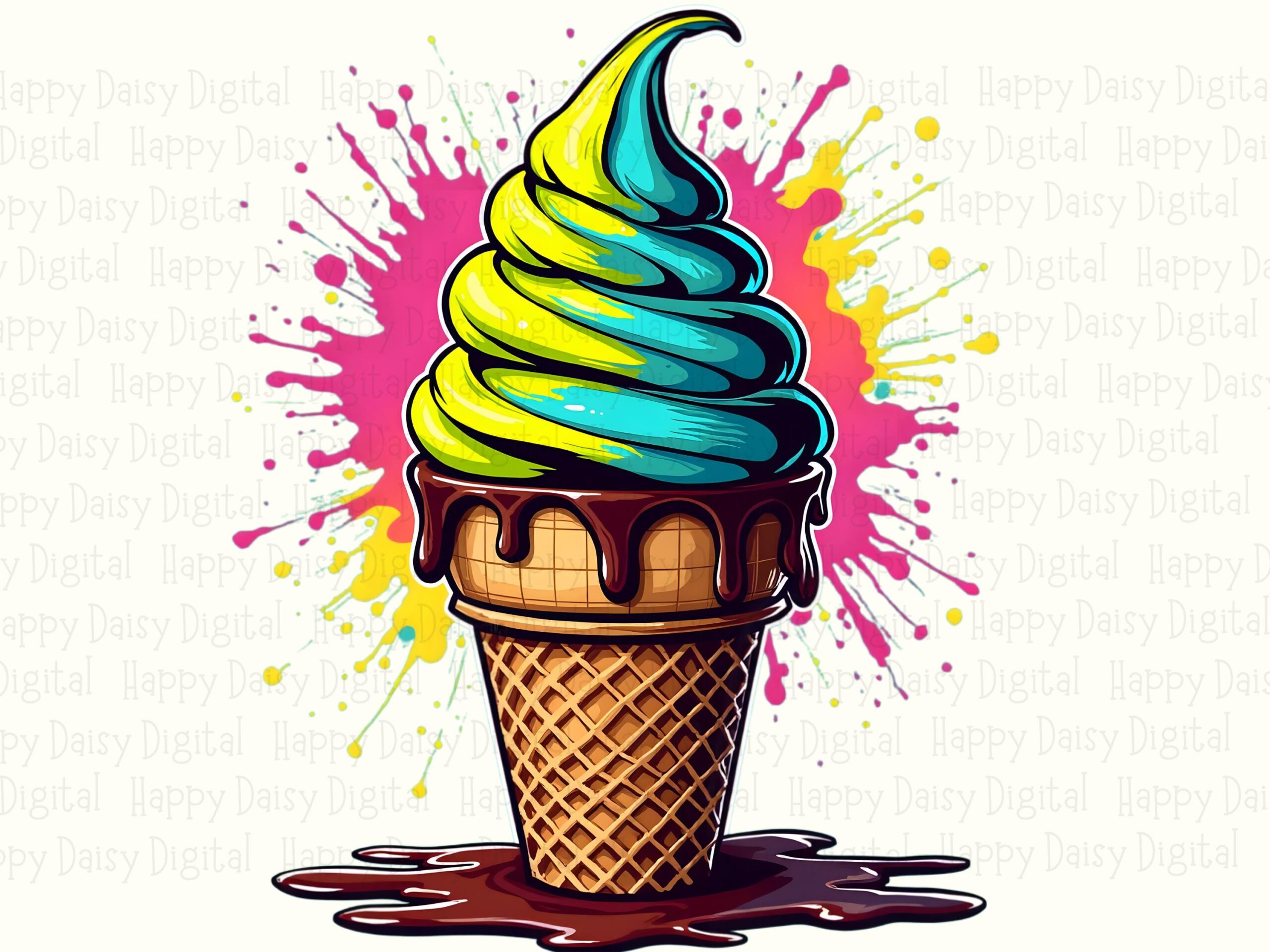 Neon Splatter Cone, Teal Yellow Drip Ice Cream PNG | Sublimation, Commercial License, 300 DPI - Image 2
