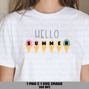 Hello Summer Cones, Hand-Lettered Ice Cream Row PNG SVG | Sublimation Commercial Use | Print-Ready 300 dpi, For POD