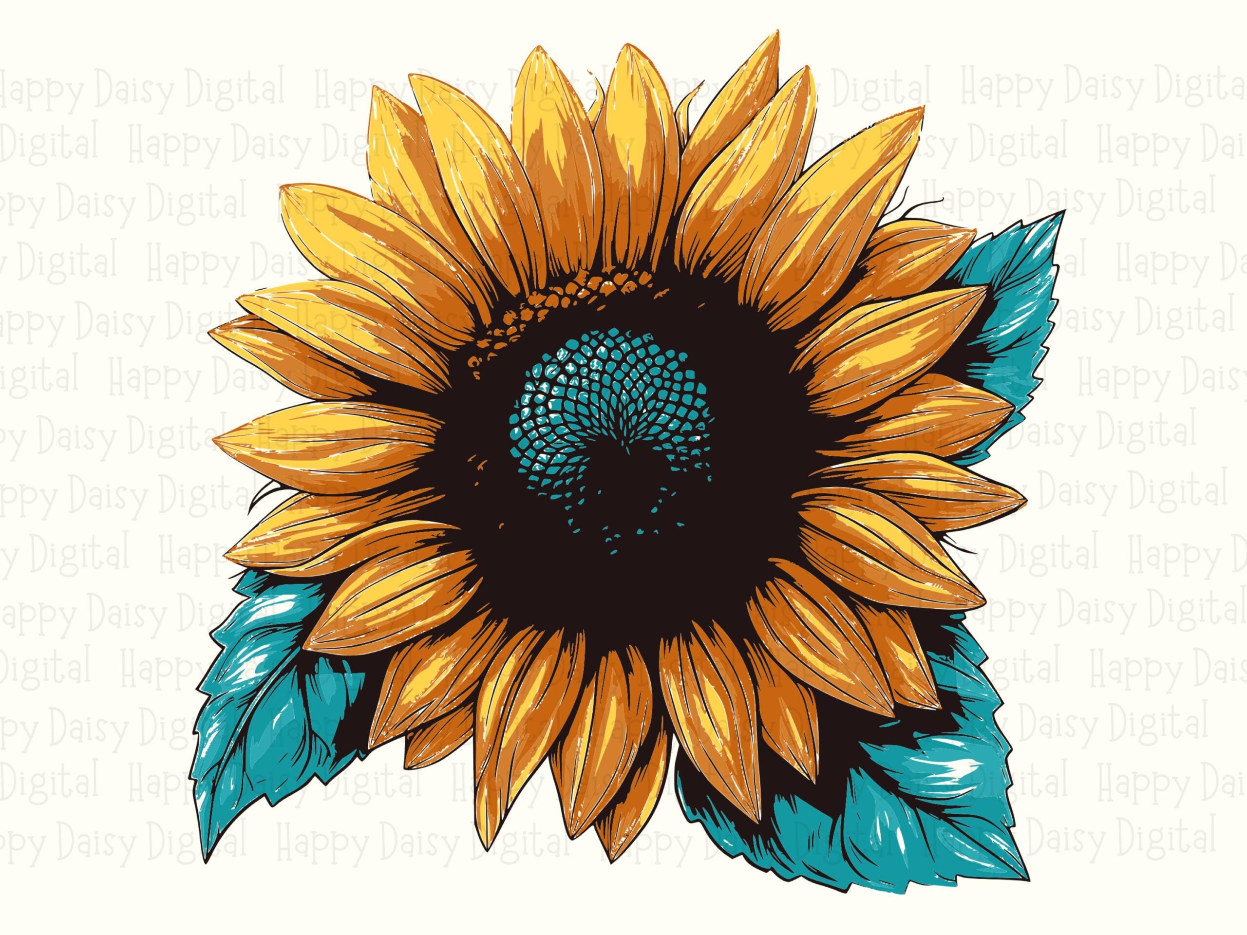 Teal Leaf Sunflower PNG SVG | Sublimation Commercial Use POD - Image 2