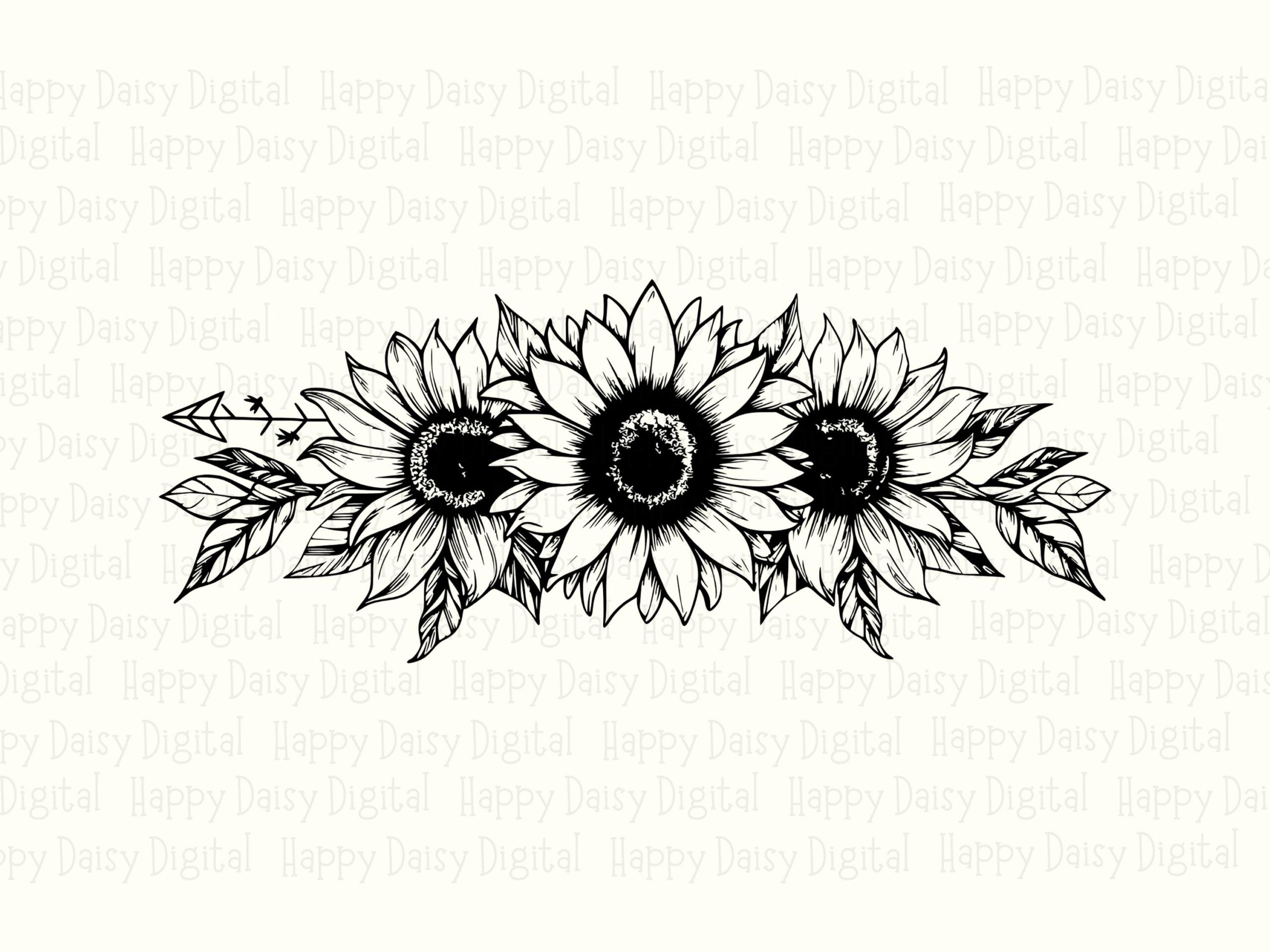 Sunflower Trio Sketch PNG SVG | Sublimation Commercial Use POD - Image 2
