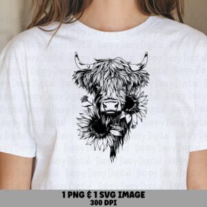 Highland Cow Sunflower PNG SVG | Sublimation Commercial Use POD