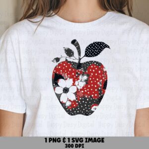 Floral Apple, Silhouette PNG SVG, Black White Red Polka Dots | Sublimation Clipart, Commercial Use, 300 DPI