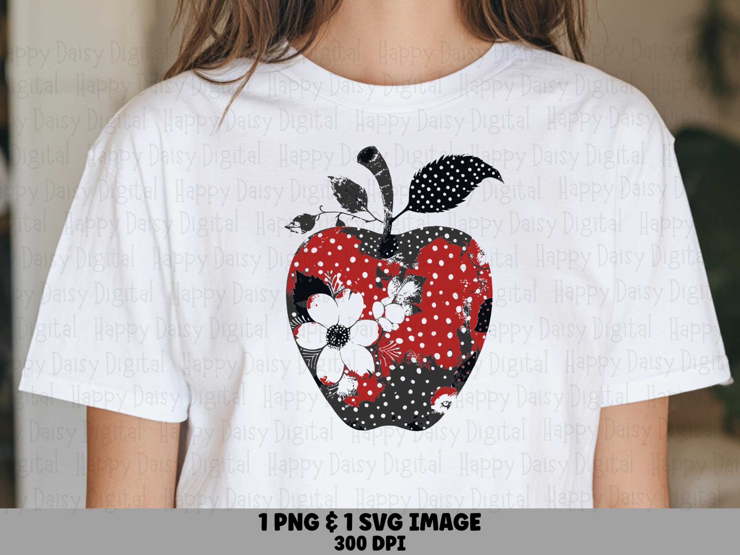 Floral Apple, Silhouette PNG SVG, Black White Red Polka Dots | Sublimation Clipart, Commercial Use, 300 DPI