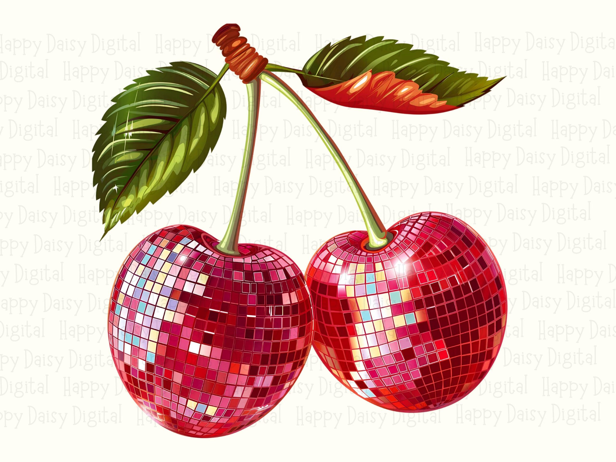 Disco Cherries, Sparkling Mirror Ball Cherry PNG | Transparent Background, 300 DPI | Commercial Use, Sublimation - Image 2