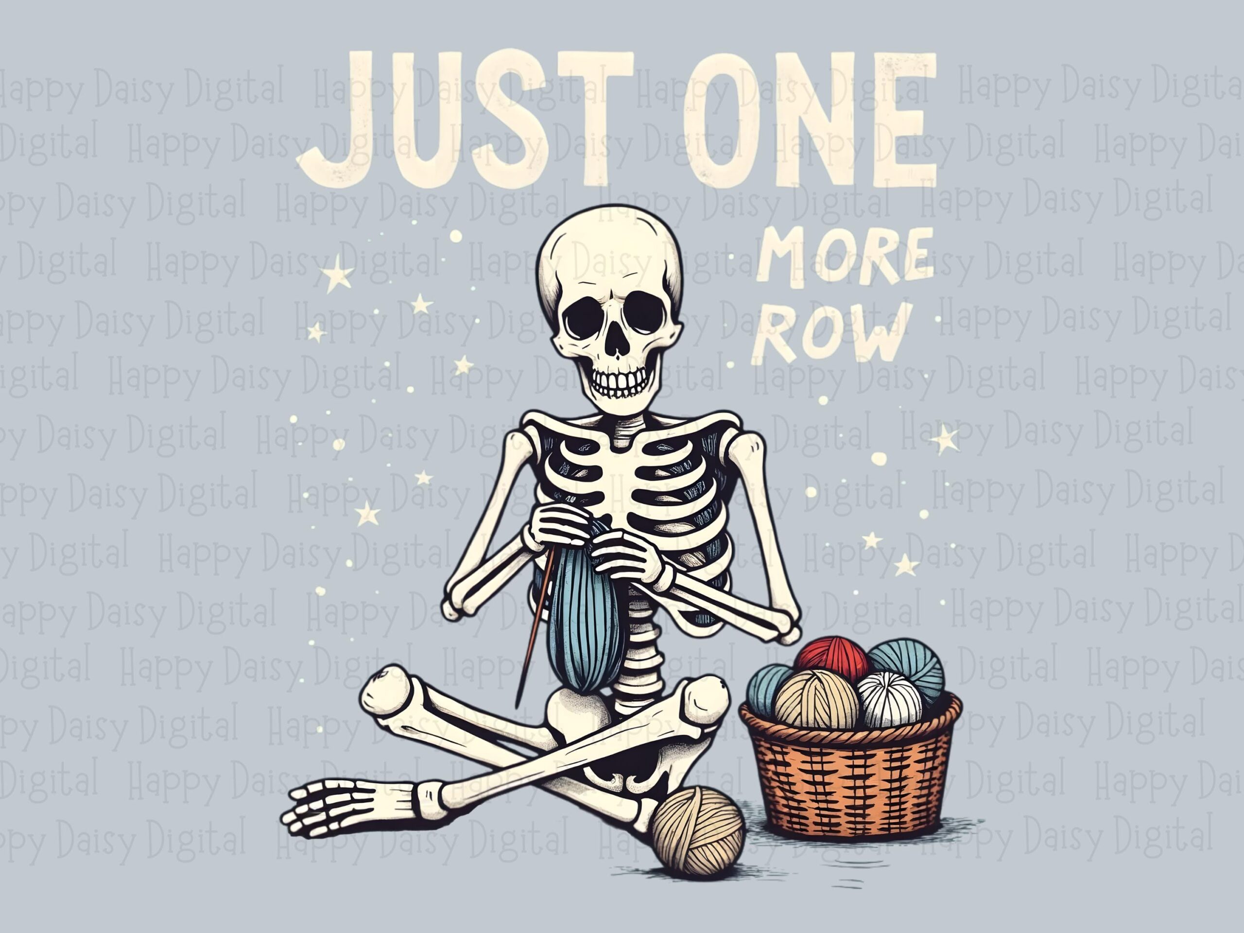 One More Row, Skeleton Knitter Clipart PNG - Sublimation Commercial Use, Cute Spooky Yarn Design, 300 DPI - Image 2