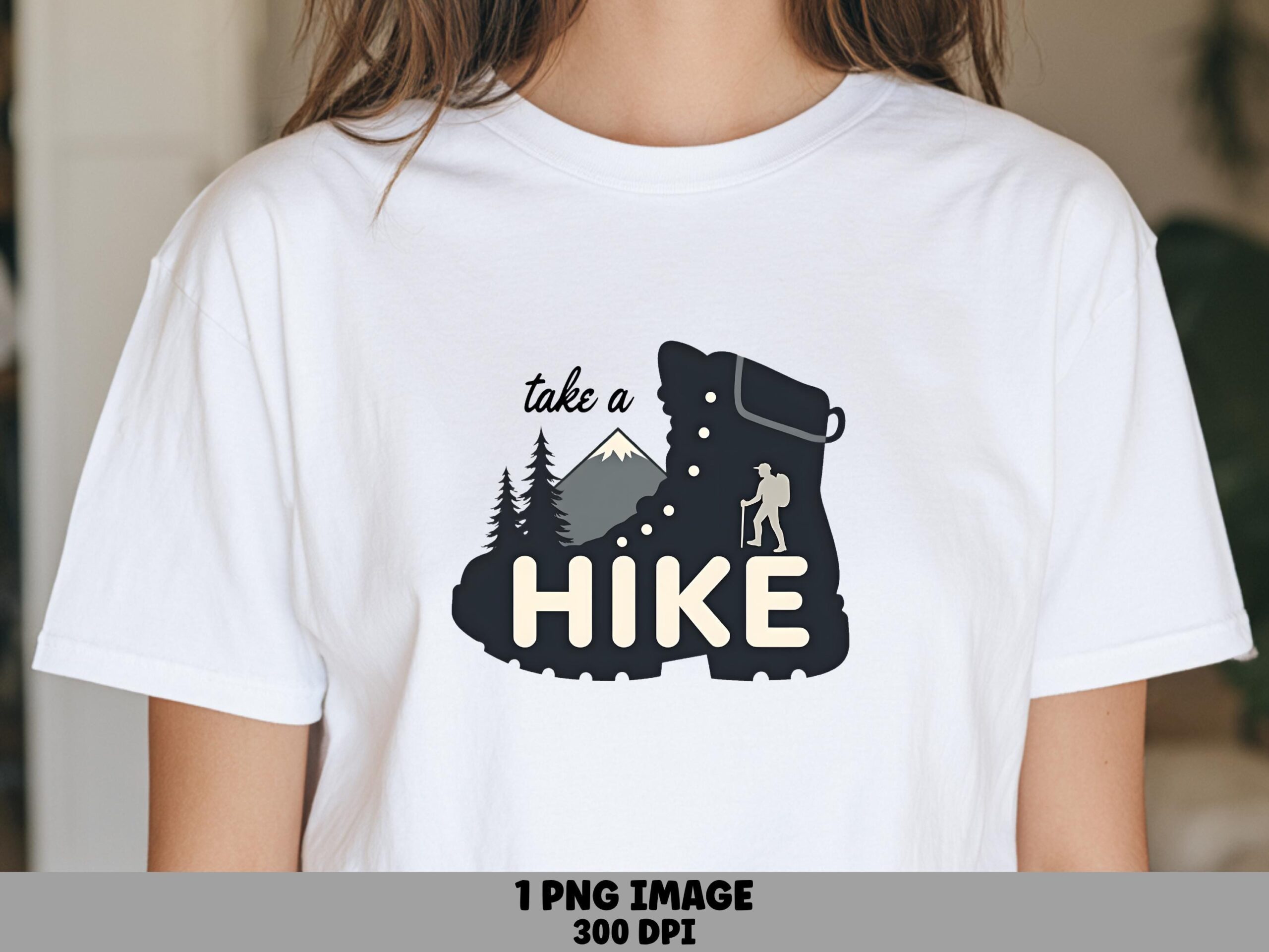 Take A Hike, Hiking Boot PNG | Sublimation Clipart, Mini Mountain Scene, Hiker Silhouette, 300 DPI Commercial Use