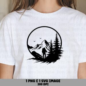 Hiker Badge, Circle Mountain Silhouette Clipart, PNG SVG Files | 300 dpi, Commercial Use, POD Friendly