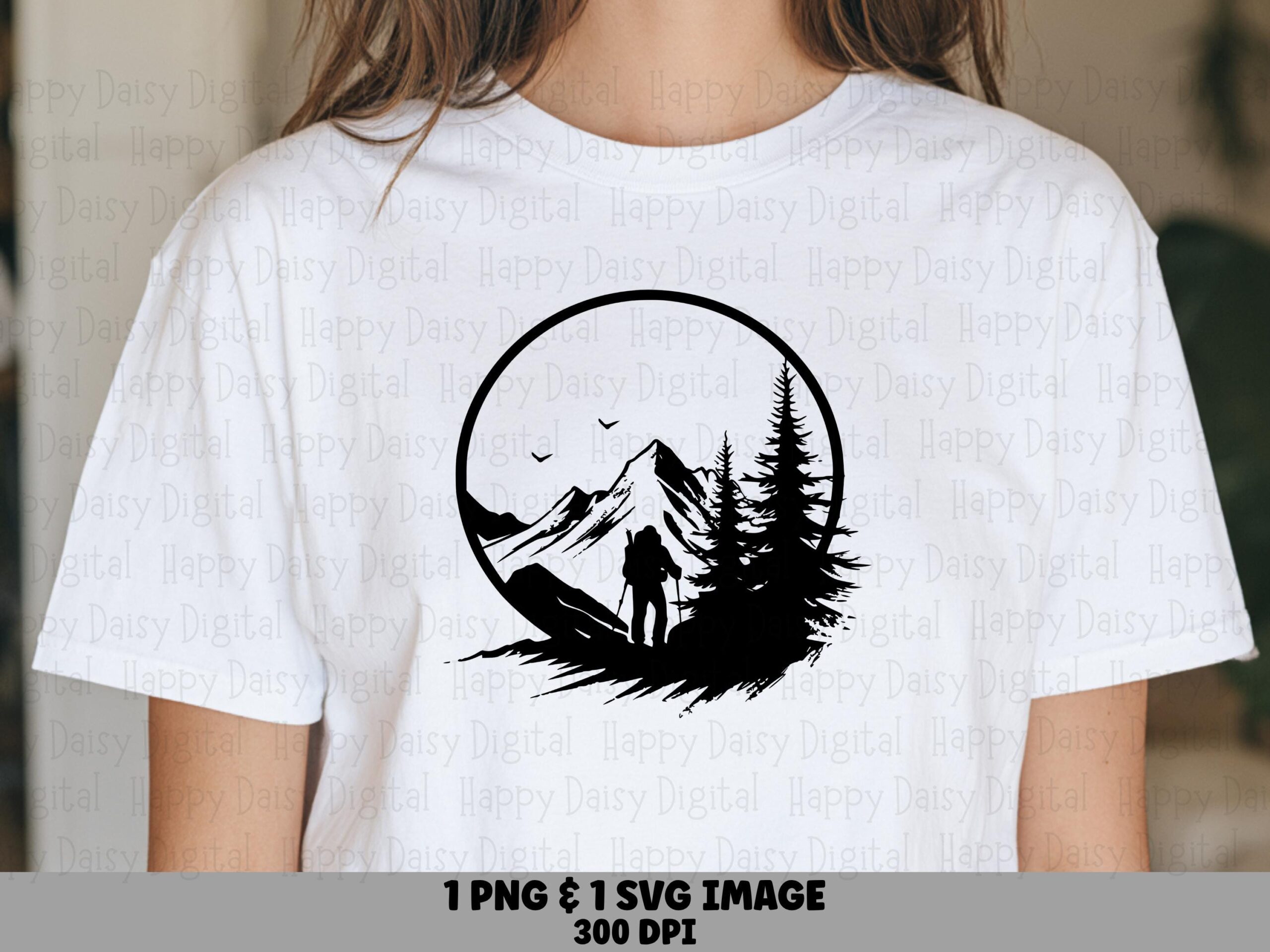 Hiker Badge, Circle Mountain Silhouette Clipart, PNG SVG Files | 300 dpi, Commercial Use, POD Friendly