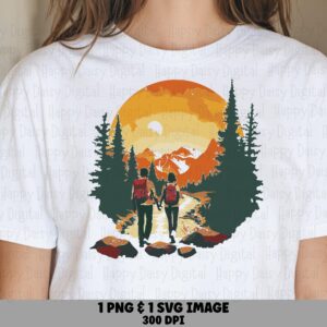 Hiking Couple, Sunset Backpackers PNG & SVG | Colorful Mountain River Clipart, 300 DPI, Commercial Use
