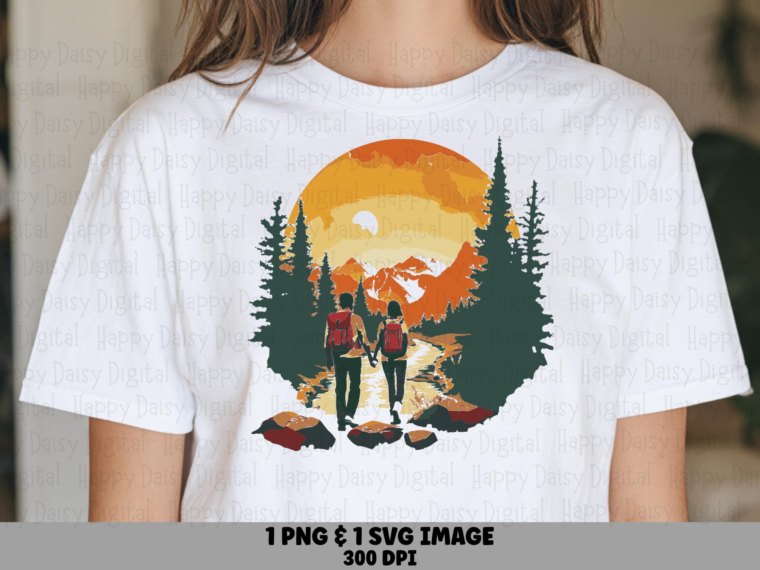 Hiking Couple, Sunset Backpackers PNG & SVG | Colorful Mountain River Clipart, 300 DPI, Commercial Use