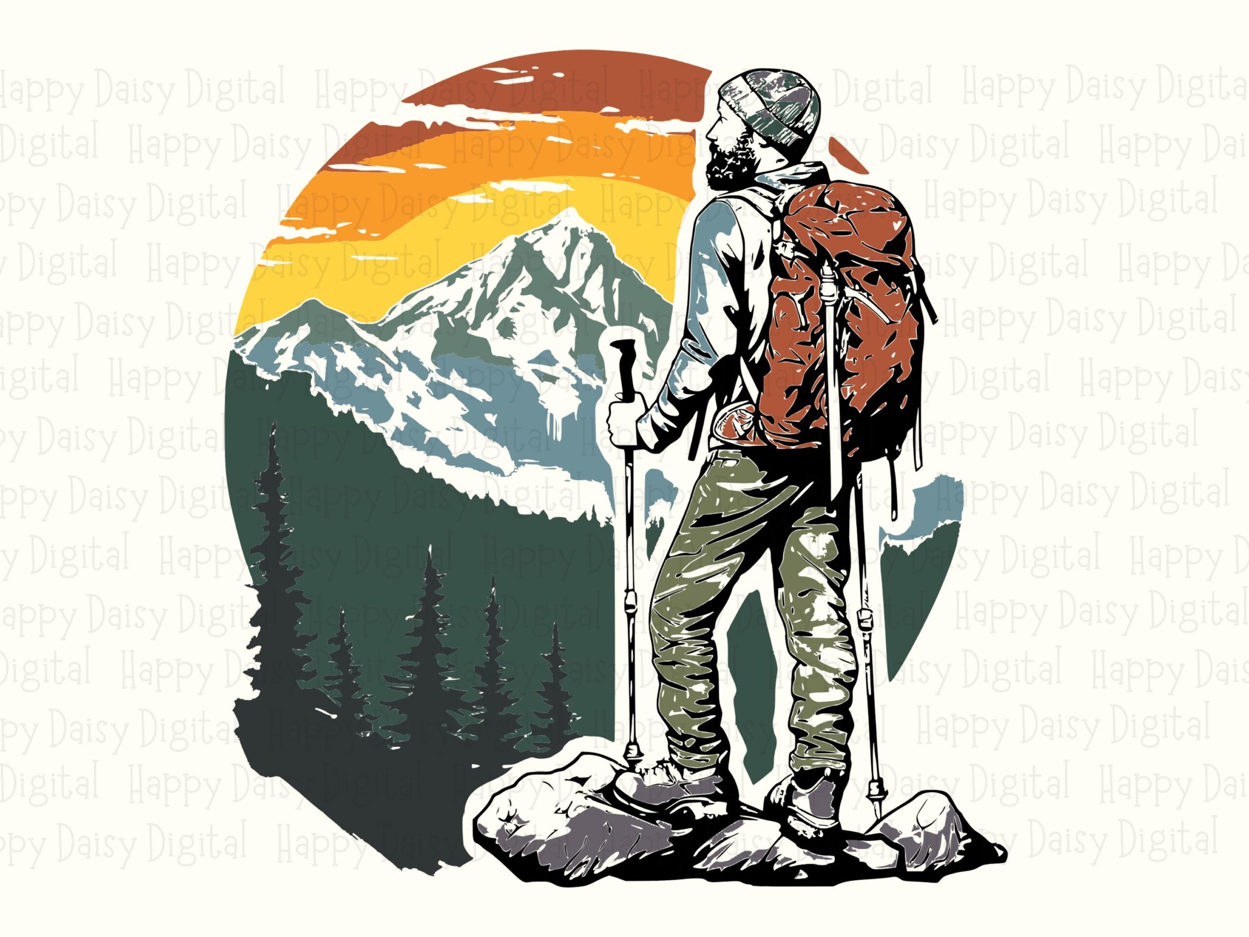 Vintage Hiker, Retro Sunset Design PNG & SVG | Sublimation Files, Commercial Use, Backpacker Mountain Clipart - Image 2