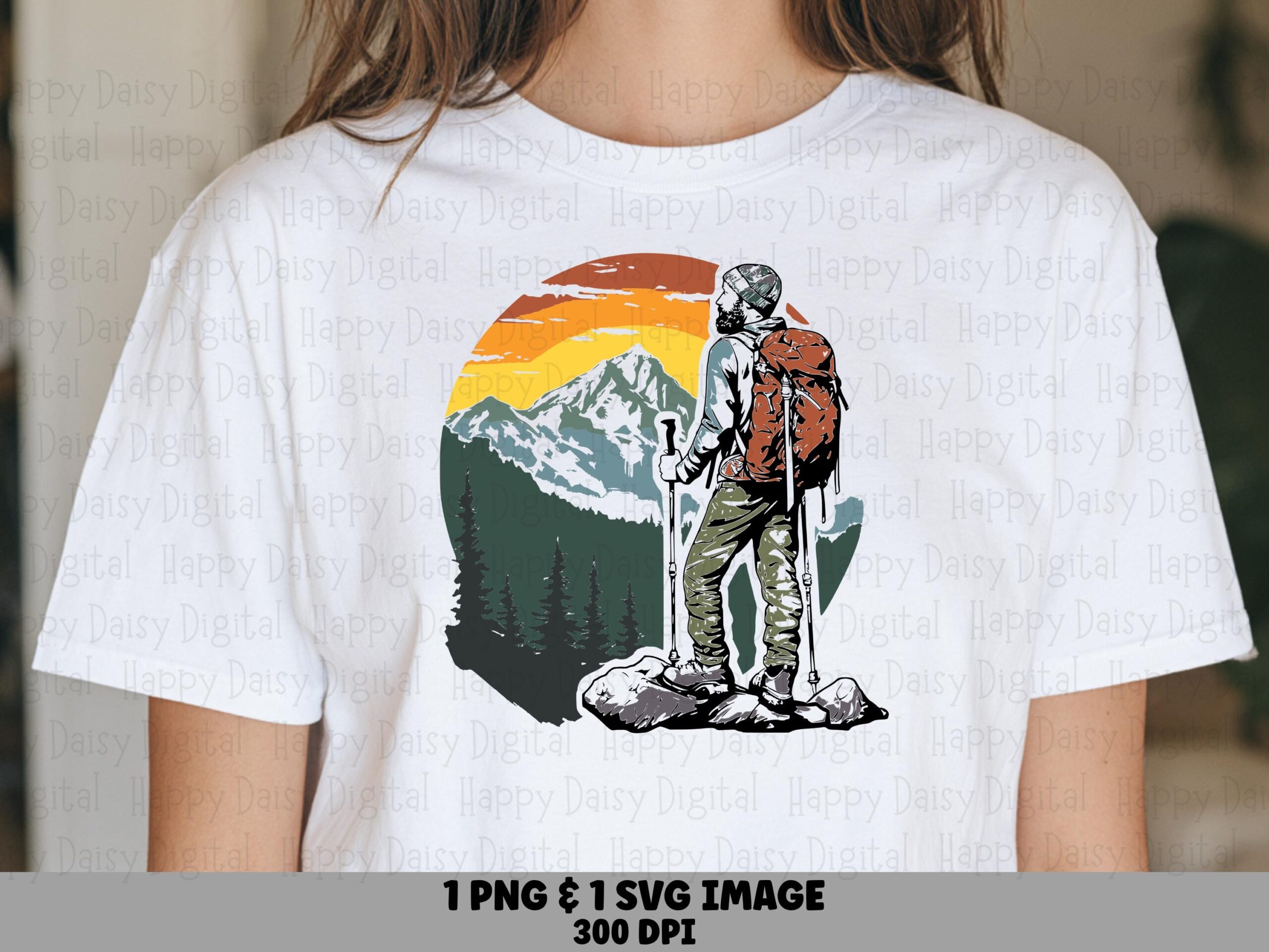 Vintage Hiker, Retro Sunset Design PNG & SVG | Sublimation Files, Commercial Use, Backpacker Mountain Clipart