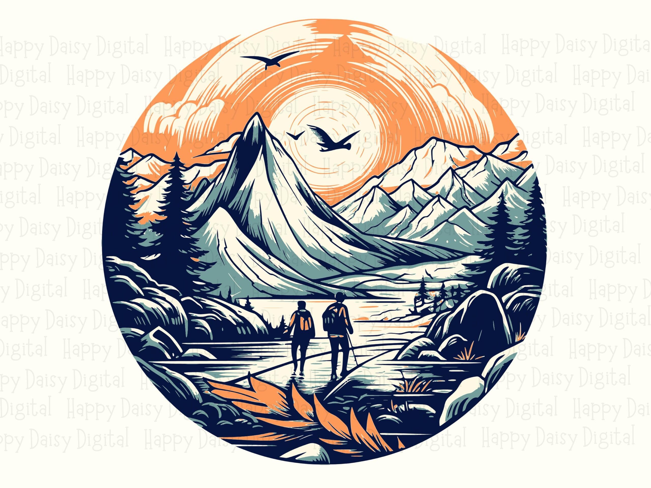 Lake Hikers, Sunrise Mountain Scene PNG SVG Bundle | Detailed Duo Clipart - 300 DPI, Print Ready Files - Image 2