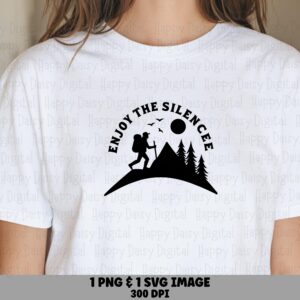 Enjoy Silence, Curved Hiker Badge | PNG SVG Sublimation Files, Mountain Dusk Graphic | 300 DPI Commercial License