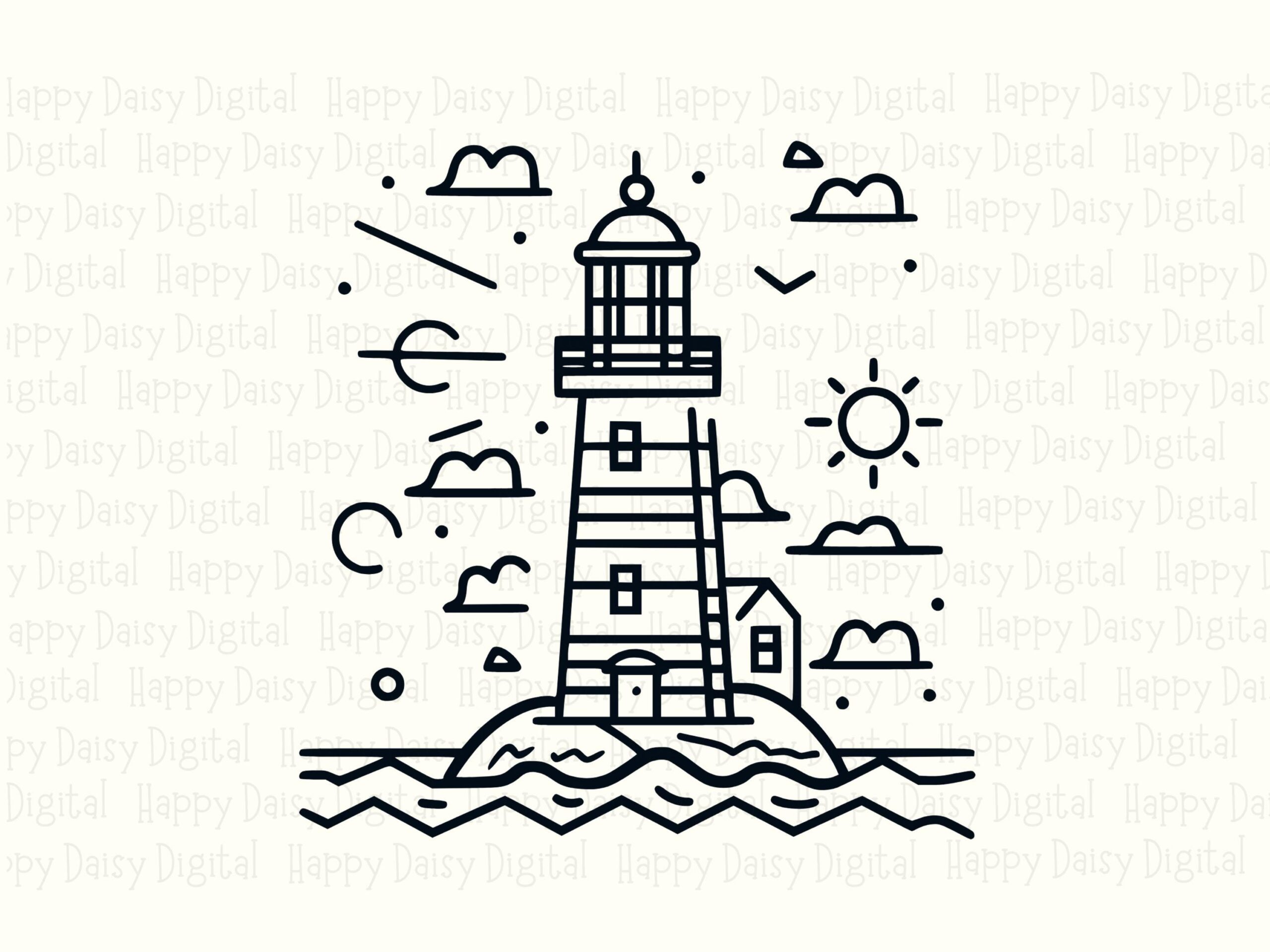 Line Art Lighthouse Waves PNG SVG | Sublimation Commercial Use POD - Image 2