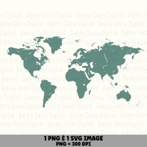 Sage World Map, Minimalist Silhouette PNG SVG, Muted Green - Sublimation, Commercial Use | 300 DPI