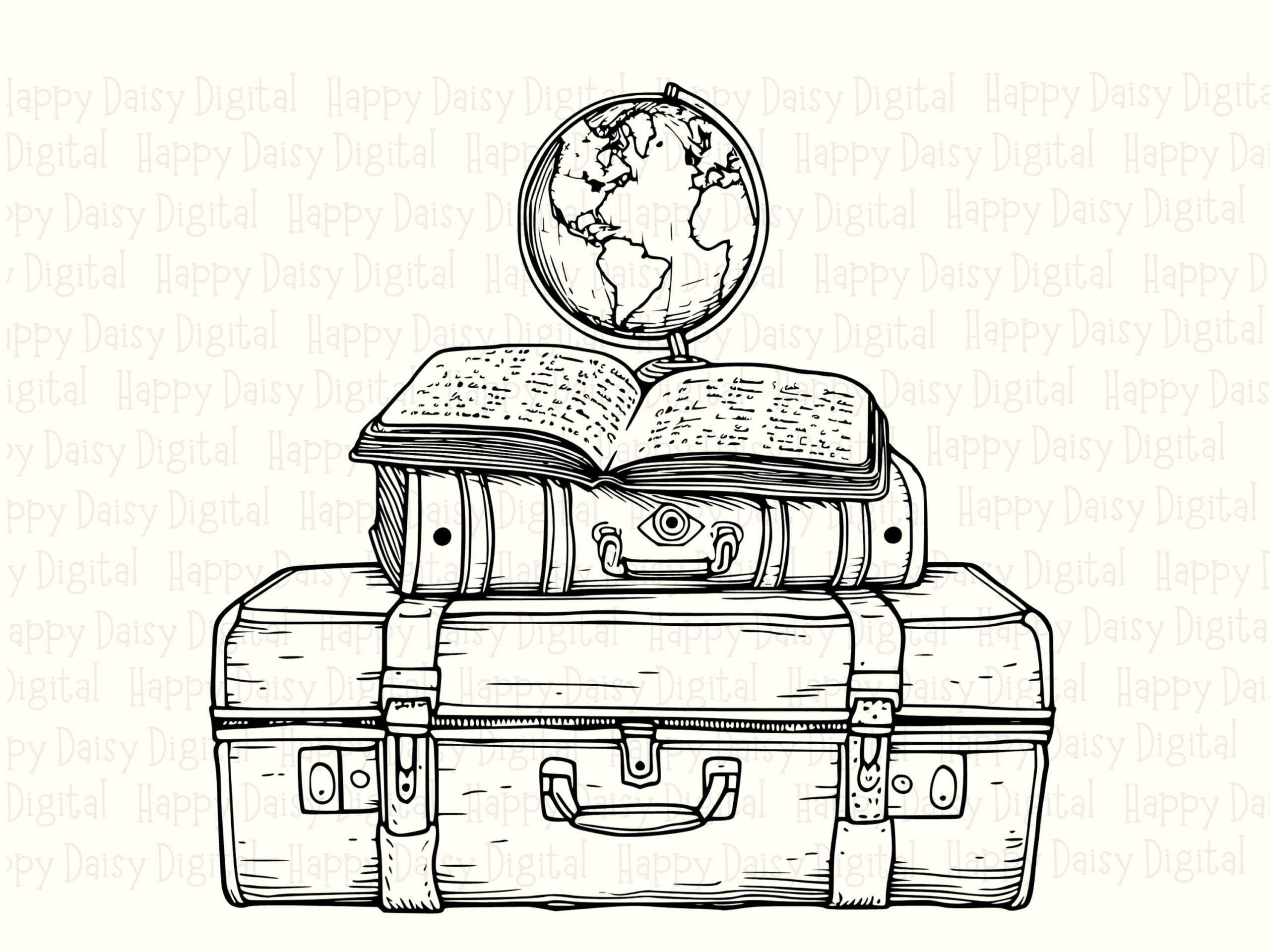 Travel Trunk PNG, Vintage Line Art Globe On Books | SVG Included, Commercial Use License, POD Graphics - Image 2