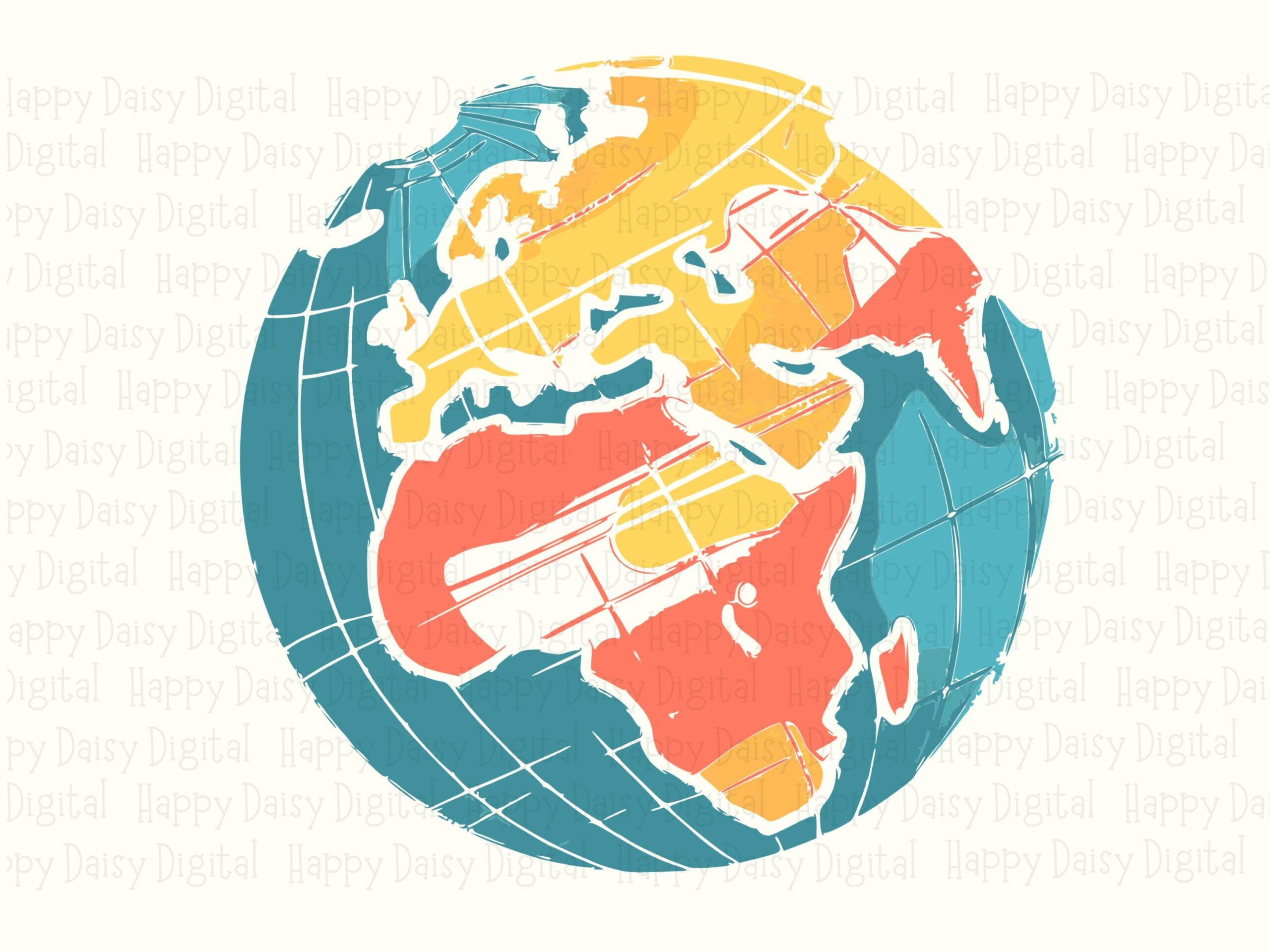 Retro Globe Art, Textured Painterly Earth, Orange Yellow Teal PNG SVG Sublimation | Commercial Use | 300 DPI - Image 2