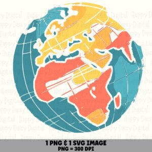 Retro Globe Art, Textured Painterly Earth, Orange Yellow Teal PNG SVG Sublimation | Commercial Use | 300 DPI