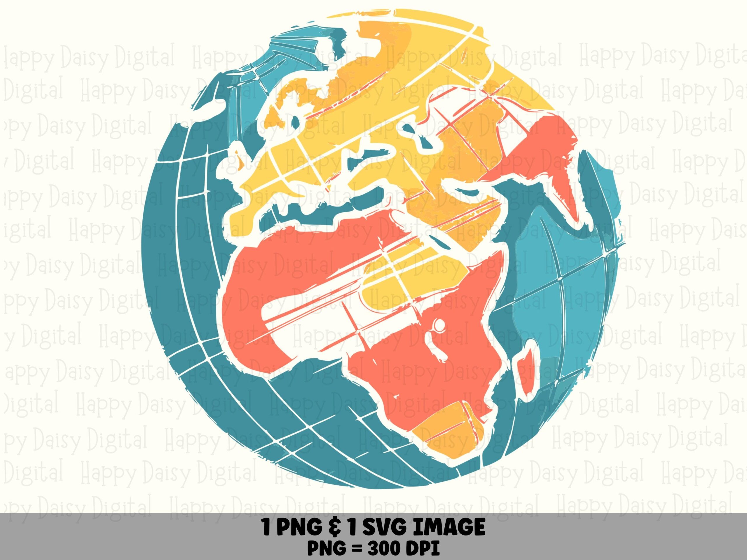 Retro Globe Art, Textured Painterly Earth, Orange Yellow Teal PNG SVG Sublimation | Commercial Use | 300 DPI