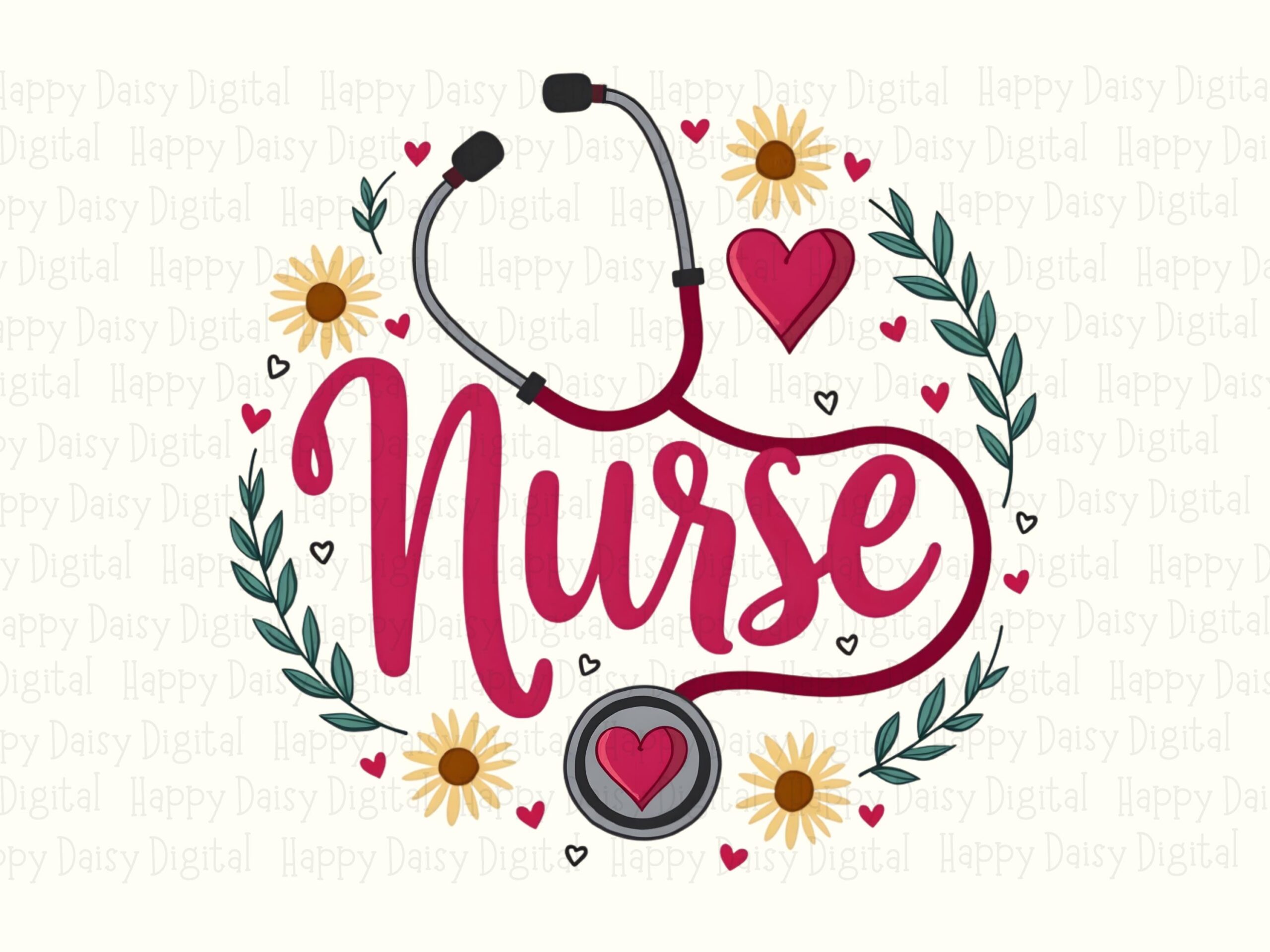 Stethoscope Heart, Nurse Wreath PNG | Floral Sunflower Clipart, 300 DPI, Commercial Use, For POD Sellers - Image 2