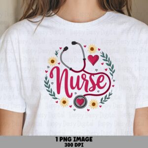 Stethoscope Heart, Nurse Wreath PNG | Floral Sunflower Clipart, 300 DPI, Commercial Use, For POD Sellers