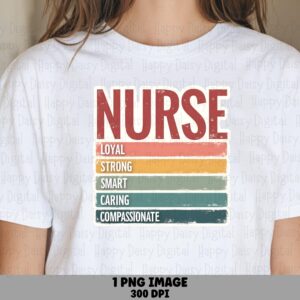 Nurse Traits, Retro Color-Banded PNG - Loyal Strong Smart Caring Compassionate | Sublimation Commercial, 300 DPI