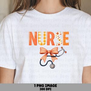 Bow Stethoscope, Orange Floral Nurse PNG - Striped Accent, 300 DPI, Commercial Use Sublimation