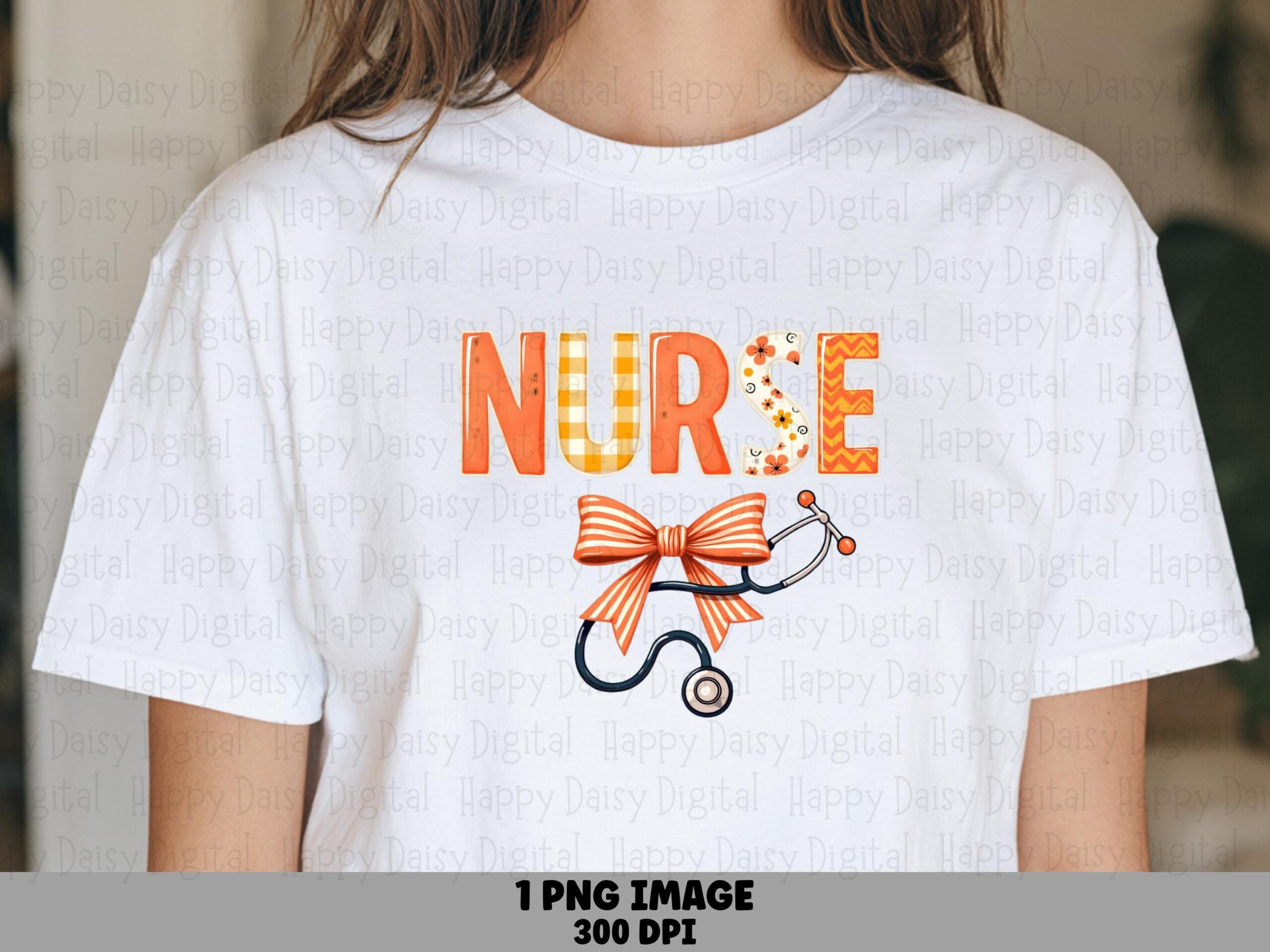 Bow Stethoscope, Orange Floral Nurse PNG - Striped Accent, 300 DPI, Commercial Use Sublimation