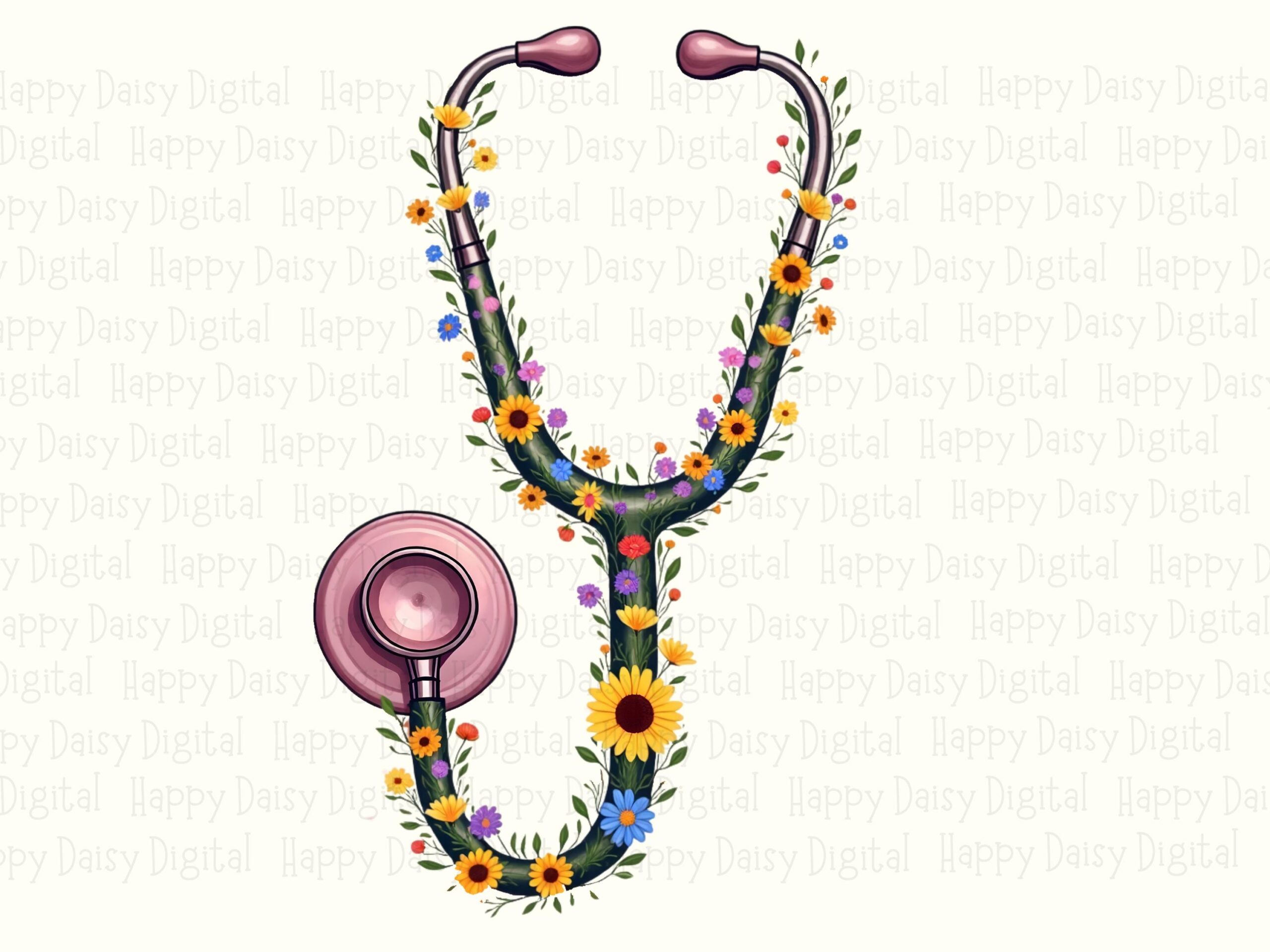Floral Stethoscope, Wildflower Wreath Clipart | Pink Nurse Medical PNG, 300 DPI, Commercial Use - Image 2