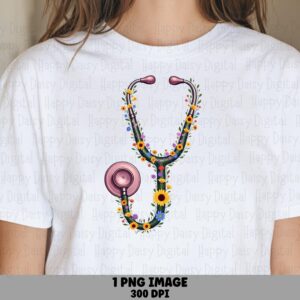Floral Stethoscope, Wildflower Wreath Clipart | Pink Nurse Medical PNG, 300 DPI, Commercial Use