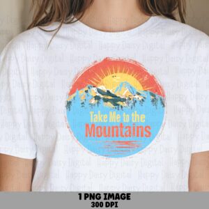 Sublimation PNG, Retro Sunburst Mountain Badge | Layered Peaks, Pine Trees, Commercial Use, 300 DPI