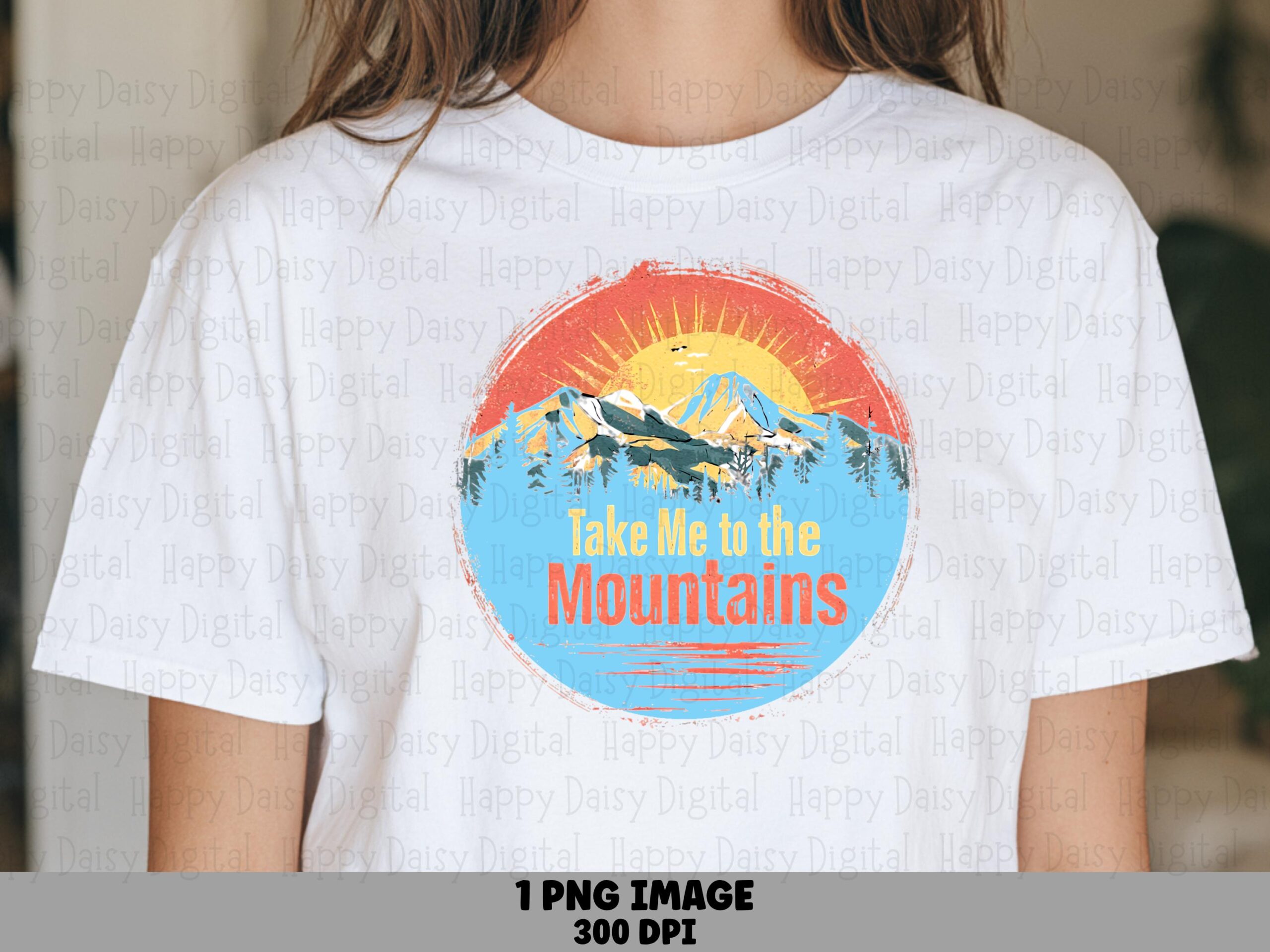 Sublimation PNG, Retro Sunburst Mountain Badge | Layered Peaks, Pine Trees, Commercial Use, 300 DPI