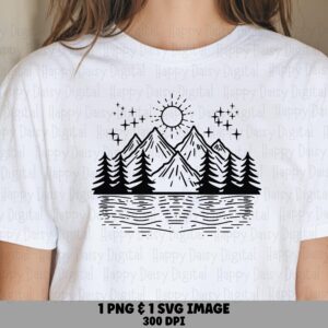 Starry Mountain Art, Line-Style Night Lake PNG SVG Bundle | Digital Files | 300 DPI, Commercial Use