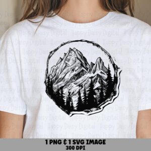 Etched Circle PNG, Pencil Sketch Mountain Art - Handdrawn, Sublimation Design | SVG, Commercial Use