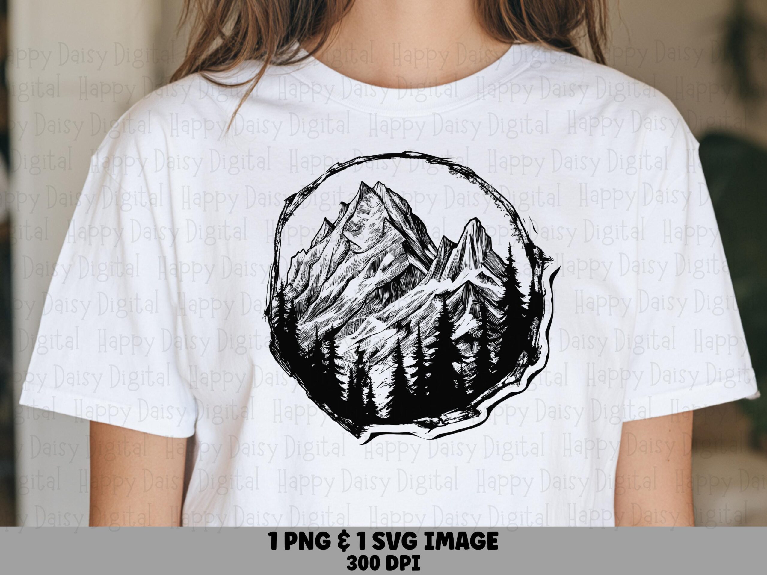 Etched Circle PNG, Pencil Sketch Mountain Art - Handdrawn, Sublimation Design | SVG, Commercial Use