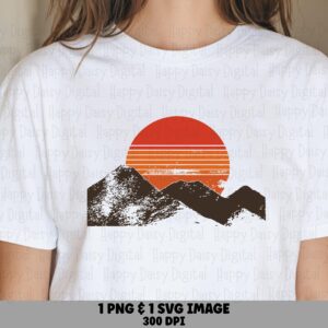 Rustic Ridge, Distressed Sunrise Mountain PNG SVG, Retro Striped Sunset, Sublimation Ready | Commercial License | 300 DPI